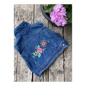 Vintage Denim Vest Sleeveless Embroidery Sz 12M Moto Floral